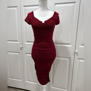 privy Deep Burgundy Ruched Midi Dress